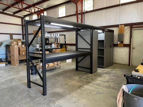 Steel Workbench, Support Beams, Overhead Storage, Pallet Rack, Workshop Organization, Garage Shop, Garage Tools, Garage Design, Diy Garage