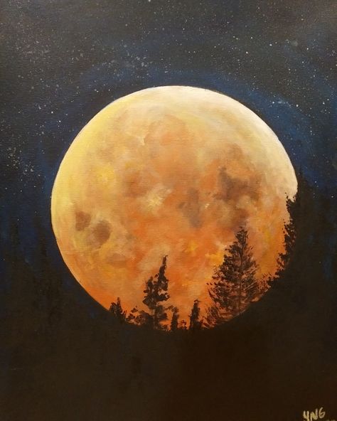 Fall Moon Painting, Night Sky With Moon Painting, Mountain Moon Painting, Big Moon Painting, Dark Sky Painting Acrylic, Dark Paintings Ideas Easy, Mlp Halloween, Oil Painting Moon, Moon Painting Acrylic