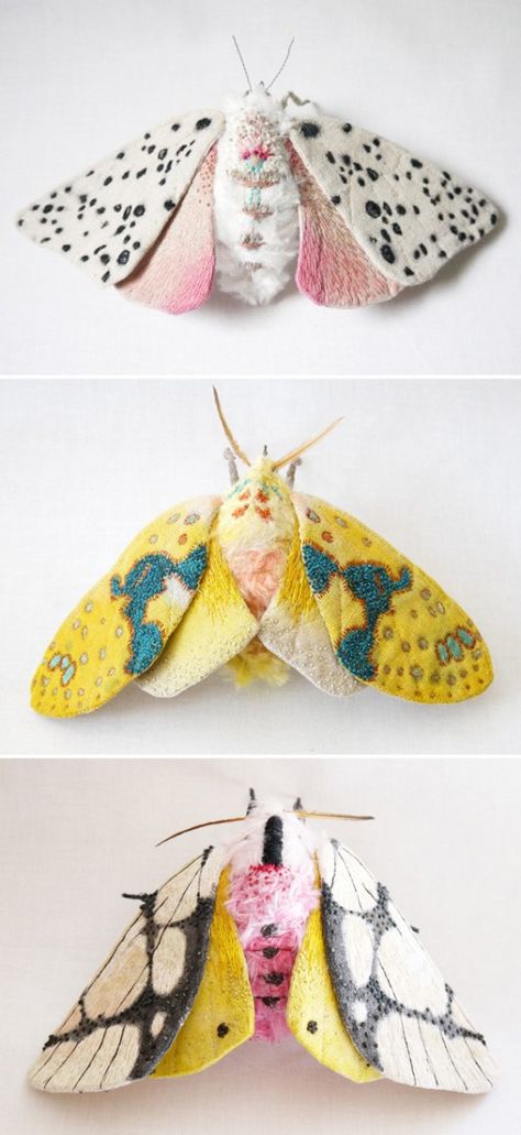 These embroidered moths are so stinkin' cute! I've always loved how fuzzy and soft real ones look. Sculpture Textile, Textile Sculpture, Toy Art, Art Textile, Soft Sculpture, Fabric Art, Textile Art, Needle Felting, Fiber Art