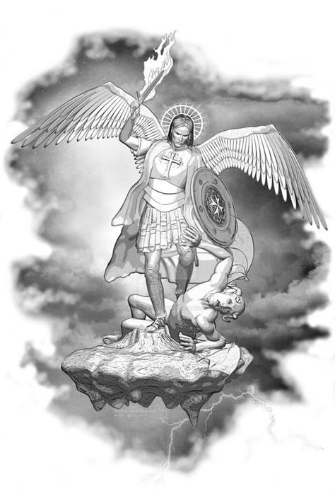 St. Michael vs. Satan linework by Empyrean-DesignWorks on DeviantArt Angel Knight, Angels Tattoo, Archangel Michael Tattoo, St Michael Tattoo, Cardinal Tattoo, Archangel Tattoo, Filipino Tattoos, Religious Tattoos, Angel Warrior