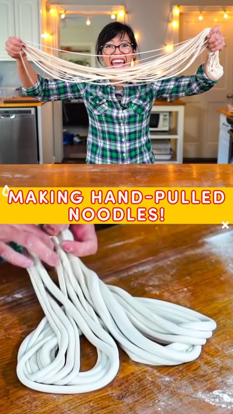 Diy Asian Noodles, Handmade Noodles Recipe, Chinese Hand Pulled Noodles, How To Make Udon Noodles From Scratch, Hand Pulled Noodles Recipe, Homemade Roman Noodle Recipes, Pulled Noodles Recipe, Noodle Dough Recipe, Handmade Noodle Recipe