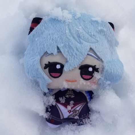 Plush Ganyu from Genshin Impact in the snow Ganyu Plush, Gan Yu, Genshin Plushies, Ganyu Icon, Genshin Characters, New Sticker, Beauty Art, Secret Santa, Genshin Impact