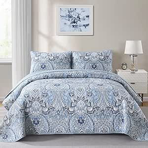 Blue Paisley Quilt Set King 3 Pieces Boho Paisley Floral Quilt Coverlet Set Soft Microfiber Lightweight Bedding Quilt for All Season (King, 104"x90") Paisley Comforter, King Size Quilt Sets, Bohemian Bedding Sets, Paisley Quilt, Bedding Quilt, Boho Quilt, Blue Quilt, Lightweight Bedding, Boho Paisley