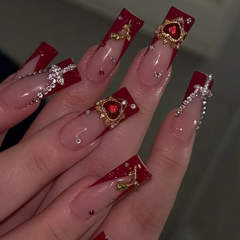 Red White And Gold Nails Acrylic, Catholic Acrylic Nails, Catholic Nails Acrylic, Red Fairy Nails, Glamorous Nails Designs, Red And Gold Acrylics, Catholic Nails Designs, Rosary Nails Designs, El Salvador Nails