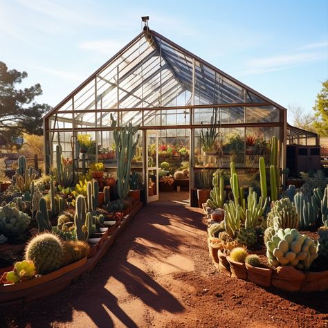 Start your own desert plant collection with this inspiring Sonoran Desert greenhouse, filled with exotic and rare desert specimen. AI generated. Indoor Desert Garden, Arizona Greenhouse, Desert Backyard Ideas Arizona, Ranch Greenhouse, Desert Farming, Desert Greenhouse, Arizona Backyard Ideas, Cactus Greenhouse, Desert Homestead