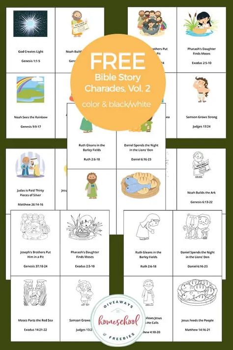 FREE Printable Bible Charades, Vol. 2 – Color & Black/White - Homeschool Giveaways Pictionary For Kids, Bible Charades, Bingo Printable Free, Charades For Kids, Charades Cards, Writing Printables, High School Kids, Catholic Bible, Bible Humor