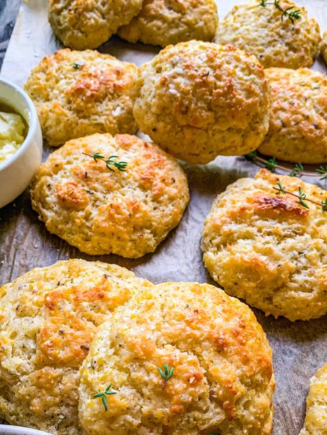 Pepper & Thyme Cornmeal Drop Biscuits - Savor and Sage Sage Biscuits, Non Dairy Milk, Drop Biscuits, Biscuits Easy, Cracked Pepper, Food Shows, Fresh Thyme, Few Ingredients, Buttermilk