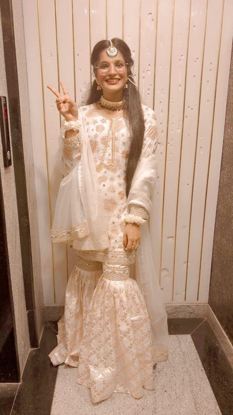 White pakistani gharara Outfit From Scratch, Pakistani Gharara, Eid Outfits, Pakistani Dress, From Scratch, Mirror, Lace, Quick Saves, Design