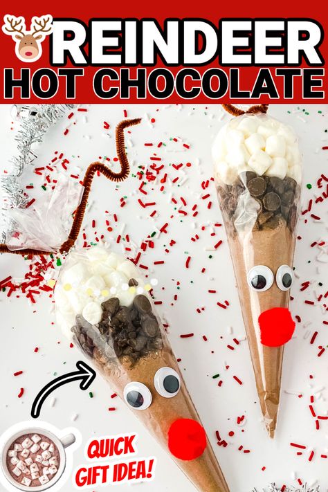 Hot Chocolate Gift Bags, Christmas Dinner Decorations, Reindeer Hot Chocolate, Candy Gifts Diy, Simple Holiday Gifts, Hot Cocoa Gift, Diy Hot Chocolate, Hot Chocolate Gifts, Hot Chocolate Gift