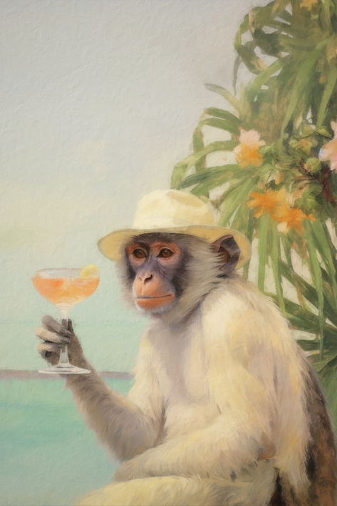 A retro painting of a monkey holding a cocktail on a tropical beach. Monkey Cocktail, Bar Cart Aesthetic, Cart Aesthetic, Retro Bar Cart, Apartment Wall Art, Retro Painting, Cute Apartment, Monkey Pictures, Monkey Print