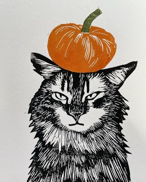 Halloween Linocut Prints, Pumpkin Lino Print, Lino Print Cat, Halloween Lino Print, Pumpkin Linocut, Halloween Linocut, Linocut Prints Simple, Cute Linocut, Fluffy Cat Drawing