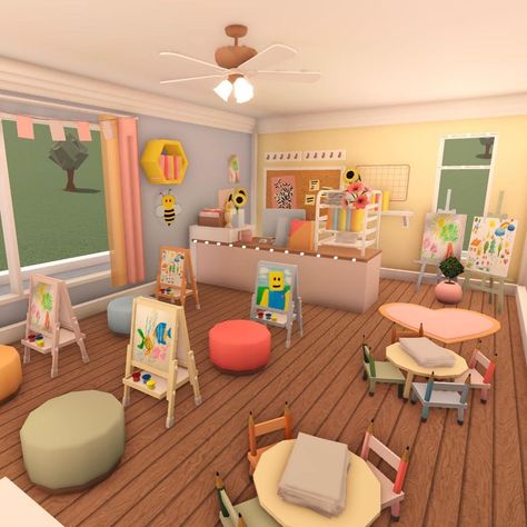 Daycare Interior Design, Daycare Layout, Bloxburg School, Daycare Art, Bloxburg Decals Codes Aesthetic, School Decal, Blocksburg Room Ideas￼, Free House Design, Bloxburg Decals Codes Wallpaper