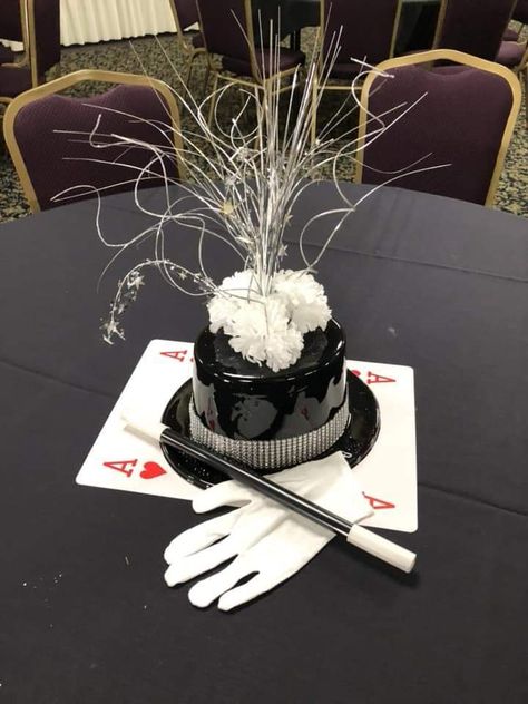 Magic Party Centerpiece, Magician Centerpieces, Magic Theme Centerpieces, Top Hat Centerpieces Table Decorations, Magic Centerpieces, Mens Birthday Party Centerpieces, Casino Themed Centerpieces, Magic Party Theme, Hat Centerpieces