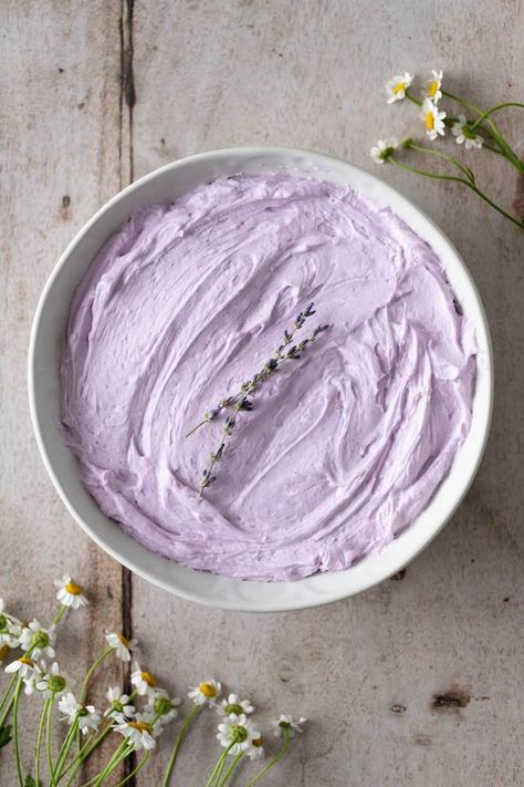 Lavender Buttercream Frosting Lavender Buttercream Frosting, Cottage Core Baking, Lemon Lavender Cookies, Lavender Buttercream, Lavender Dessert, Aesthetic Baking, Floral Food, Lavender Shortbread Cookies, Lavender Shortbread