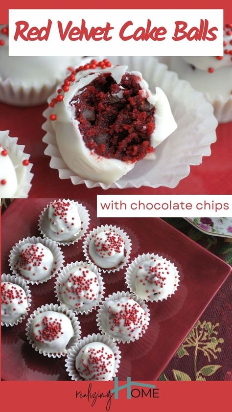 a plate of white cake balls with red sprinkles, closeup of one cake ball split open to show red velvet cake with mini chocolate chips Cake Ball Recipe, Red Velvet Cake Balls, Cake Ball Recipes, Cake Ball, Crumble Cake, Homemade Condiments, Bite Size Desserts, Valentine Desserts, Cake Balls