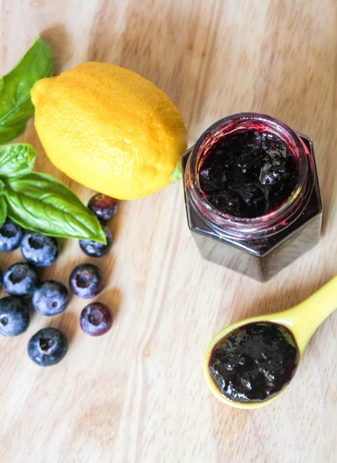 Blueberry Basil Jam Recipe, Blueberry Basil Jam, Unique Jelly Recipes, Unique Jams And Jelly Recipes, Basil Jelly, Blueberry Lemon Jam, Jam Blueberry, Basil Jam, Canning Jams