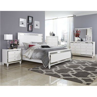 Rosdorf Park Ebenezer Queen Panel Bed Nightstand White, Silver Bedroom, Warm Bedroom, Queen Panel Beds, White Bedroom Furniture, Upholstered Panel Bed, Bedroom Sets Queen, Linear Design, Bedroom Panel