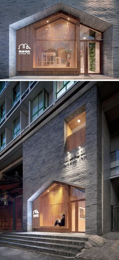 Contemporary Facade, Cafe Exterior, Hotel Facade, Retail Facade, Wood Facade, Shop Facade, Storefront Design, Grey Brick, Brick And Wood