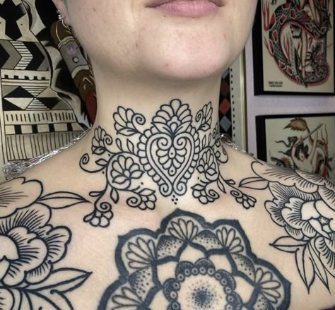 Traditional Flower Neck Tattoo, Ornamental Tattoo Chest, Ornamental Neck Tattoo, Face Ornaments, Neck Tats, Traditional Chest Tattoo, Flower Neck Tattoo, Ornamental Tattoos, Line Tattoo Ideas