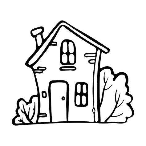 Cute house with bushes outline doodle ca... | Premium Vector #Freepik #vector #brick-house #cute-house #house-line-art #flat-house House Outline Drawing, Outline Drawing Tattoo, Drawing Outlines, House Doodle, House Outline, Flat House, House Cartoon, Drawing Tattoo, Doodle Cartoon