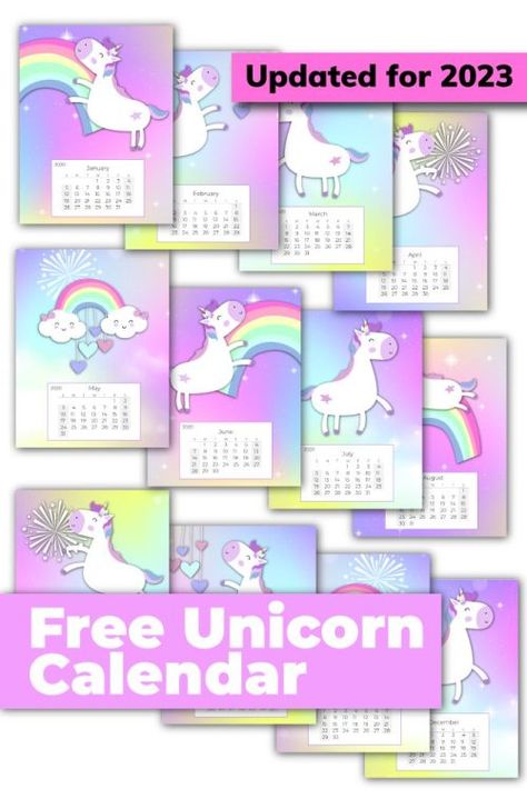 Free 12 Month Unicorn Calendar - Updated for 2023 - Make Breaks Free Calender, Unicorn Planner, Free Printable Calendar Templates, Calendar Background, Calendar Craft, Unicorn Printables, Cute Calendar, Calendar 2023, Diy Calendar