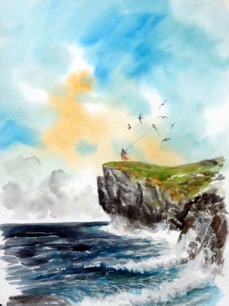 Watercolor Cliff Landscapes, Sea Cliff Painting, Cliff Drawing Easy, Ocean Cliff Painting, Cliff Painting Acrylic, Cliff Drawing Reference, Watercolor Cliff, Cliff Sketch, Cliff Watercolor