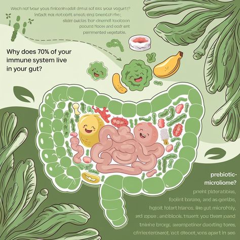 Did you know that around 70% of your immune system lives in your gut? 🌱✨ The diverse community of microbes residing in your intestines plays a crucial role in supporting immune resilience. A balanced gut microbiome helps regulate inflammation, enhances nutrient absorption, and even communicates with your body's defense systems! To nurture this inner ecosystem, focus on prebiotic-rich foods like bananas and onions, probiotic-packed options such as yogurt and fermented veggies, and stay hydrat... Fermented Veggies, Nutrient Absorption, Gut Microbiome, Ecosystem, Probiotics, Immune System, Bananas, Onions, Defense