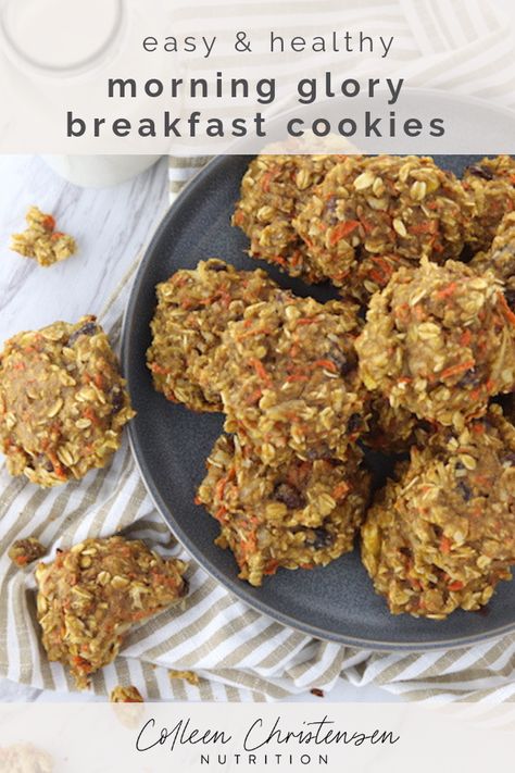 easy morning glory breakfast cookies Morning Glory Cookies, Breakfast Casserole Dishes, Cookies For Breakfast, Dietitian Recipes, Healthy Protein Snacks, Breakfast Prep, Eat Cookies, On The Go Snacks, Whole Grains