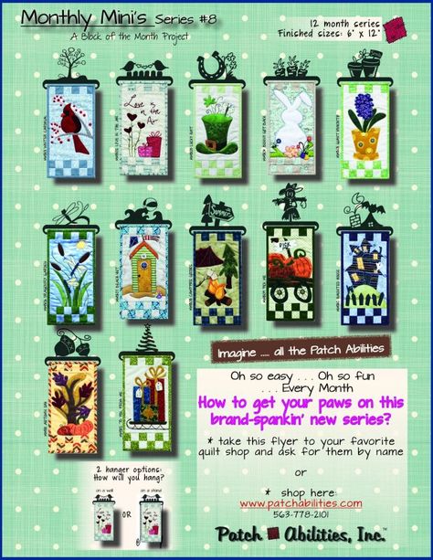 Monthly Mini's #8 Flyer Seasonal Quilted Wall Hangings, Quilt Wall Hangers, Quilted Wall Hangings Patterns, Seasonal Wall Hangings, Calendar Quilts, Applique Wall Hanging, Small Quilt Projects, Small Wall Hangings, Mini Quilt Patterns