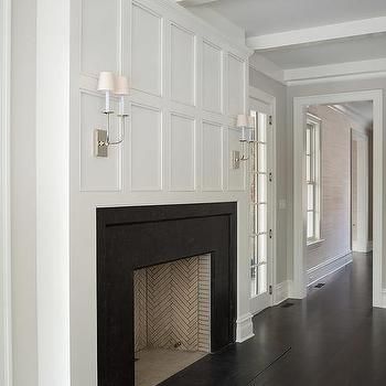 Wainscoting Fireplace Design Ideas Precast Fireplace, White Millwork, Faux Fireplaces, Brick Fireplaces, Black Fireplace, Mantel Design, Farmhouse Fireplace, Wood Mantels, Transitional Living