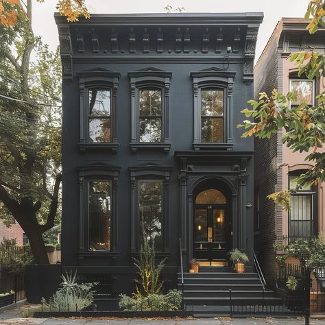 Modern Brownstone, Brownstone Homes, Geneva Ny, Townhouse Exterior, San Myshuno, Black Houses, Paint Color Ideas, Brooklyn Brownstone, Exterior Paint Color