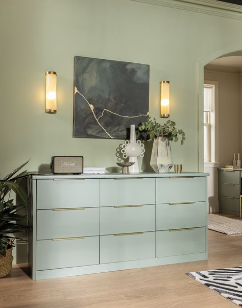 A chest of drawers in a bedroom in Willow Green Drawer Chest Bedroom, Green Chest Of Drawers, Cardio Machine, Willow Green, Living Room Dimensions, Green Bedroom, Perfect Bedroom, Electric Recliners, Bedroom Green