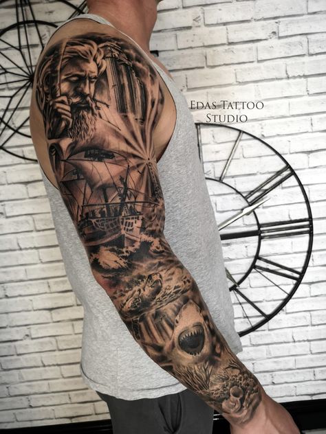 Nortical Tattoo Sleeve, Sea God Tattoo, Sea Animals Tattoo Sleeve, Sea Sleve Tattoo, Sea Full Sleeve Tattoo, Tattoo Sleeve Ocean Themes, Men’s Nautical Sleeve Tattoo, Ocean Sleeve Tattoos For Guys, Nautical Arm Sleeve