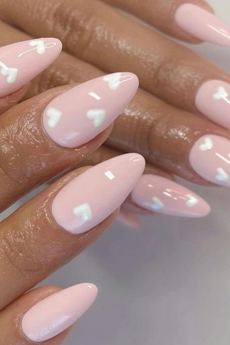 Baby Pink Valentines Nails Almond, Valentines Nails 2024, Valentine’s Day Nails Almond, Pink Heart Nail Designs, Oval Valentines Nails, Light Pink Valentines Nails, Fun Valentines Nails, Elegant Valentines Nails, Classy Valentines Nails