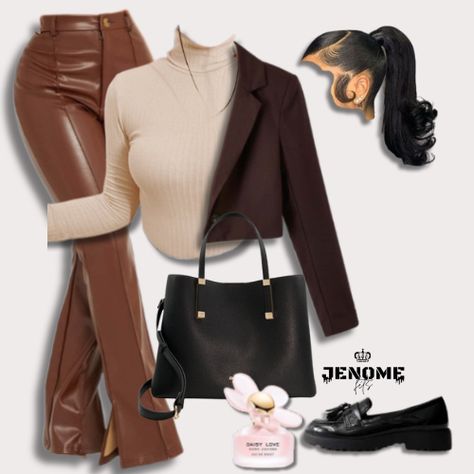 Leather Work Outfit, Blazer And Trousers Outfit, Baddie Outfits School, Trousers Outfit Ideas, Brown Leather Trousers, Outfit Ideas Brown, Business Casual Outfits Women, Outfit Ideas Smart, Sixth Form Outfit