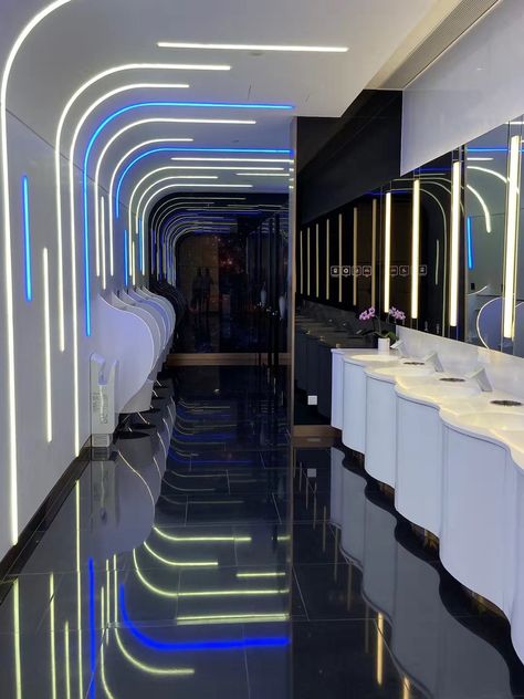 Futuristic Bathroom Design, Futuristic School, Futuristic Bathroom, School Bathroom, New Toilet, Wall Panelling, Futuristic Interior, Toilet Design, Dubai Mall