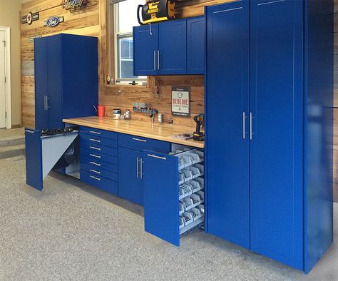 Choose from garage cabinets in more than 500 sizes, widths, and configurations to create your ultimate garage storage solution. Browse our entire line now! Kobalt Garage Organization, Workbench Cabinets, Luxury Garage Design, Auto Workshop, Metal Garage Cabinets, Garage Cabinet Systems, Custom Garage Cabinets, Garage Storage Plans, Easy Garage Storage