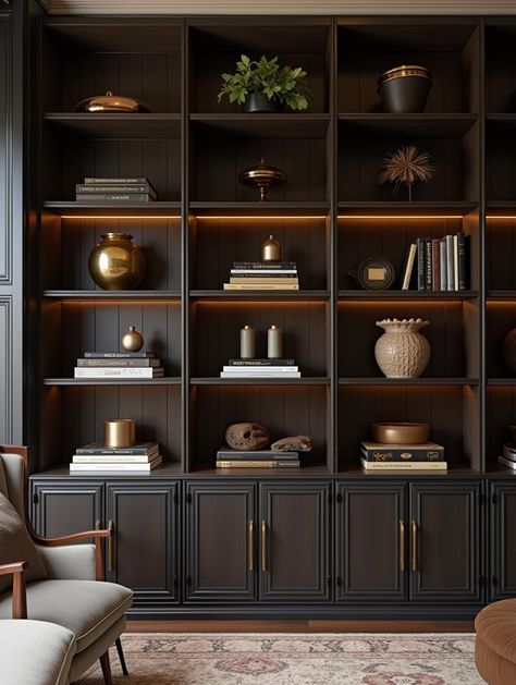 This sophisticated built-in bookcase showcases a luxurious deep charcoal finish enhanced by integrated LED lighting, creating an elegant and moody atmosphere in this refined living space. The geometric grid of shelving is thoughtfully styled with a collection of brass and copper vessels, sculptural objects, and carefully curated books, all arranged against the rich dark paneled backdrop. This dramatic setup is perfect for those who appreciate... Dark Built In Bookshelves, Luxury Bookshelves, Bookcase Design Ideas, Shelves Modern Design, How To Decorate Bookshelves, Bookshelf Style, Bookshelves Display, Modern Shelf Design, Interior Styles Guide