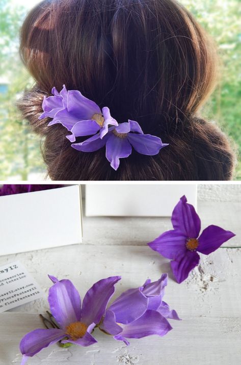 #purple #purplewedding #purpleflowers #clematis #purpleclematis #haircomb #hairaccessory #weddingflowers #bridalhair #hairstyle #weddingidea #hairstyles Purple Flowers In Hair, Beach Wedding Headpieces, Flower Hair Comb Wedding, Floral Hair Piece Wedding, Wedding Flower Hair Pieces, Wedding Flower Hair, Winter Bridal Jewelry, Bridesmaid Headpiece, Fall Wedding Bridesmaids