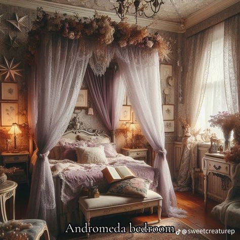 Princess Core Room, Rustic Cottage Bedroom, Purple Fairytale, Fairytale Room, Magical Bedroom, Fantasy Settings, Dream Bedroom Inspiration, Victorian Bedroom, Princess Core