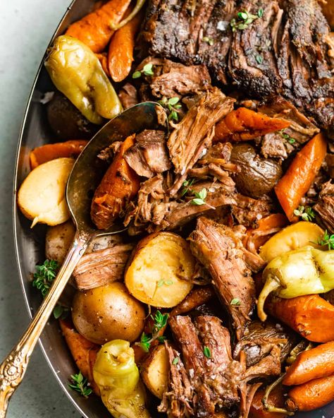 Mississippi Pot Roast - Britney Breaks Bread Roast With Pepperoncini, Chuck Roast Crock Pot Recipes, Slow Cooker Mississippi Pot Roast, Entertaining Dishes, Roasted Potatoes And Carrots, Pot Roast Crock Pot Recipes, Pot Roast Recipe, Mississippi Pot Roast, Crockpot Roast