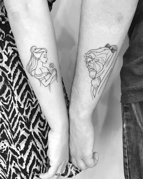 38 Classic Cartoon Character Tattoos To Bring You Back To Childhood Tato Set Couple, Disney Tattoos Couples, Tattoo Set Couple, Couple Tattoos Disney, Tato Set, Couple Tattoo Design, Disney Couple Tattoos, Skull Couple Tattoo, Infinity Tattoos For Couples