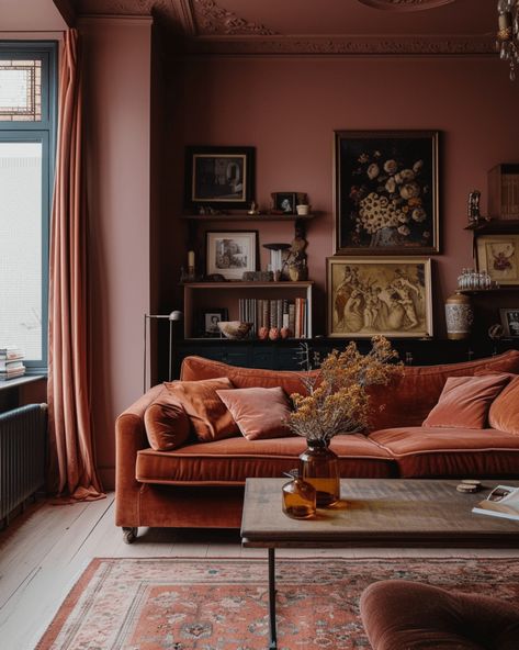 Vintage Salon Living Room, Vintage Inspired Furniture, Corner Fireplace Library, Moody Room With White Walls, Greek Inspired Living Room, Cherry Wood Furniture Living Room, Chocolate Brown Sofa Living Room Ideas, Girl Cave Ideas, Dark Red Living Room