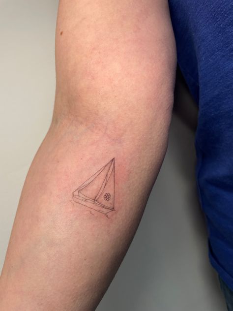 Fineline Sailboat Tattoo, Sailboat Tattoo For Women, Mini Sailboat Tattoo, Small Sailboat Tattoo Simple, Tattoo Sailboat, Sailboat Line Tattoo, Single Line Sailboat Tattoo, Geometric Sailboat Tattoo, Tattoo Memorial