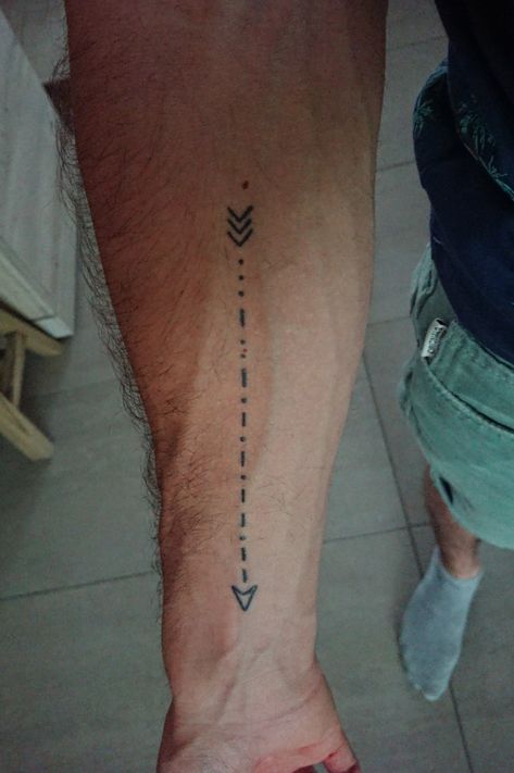 Morse code arrow "VICKY" | Done at Custom Ink Tattoo | Jul 10th 2018 | 599040 Mens Arrow Tattoo, Code Tattoo, Morse Code Tattoo, Band Tattoos, Forearm Band Tattoos, Explore Tattoo, Arrow Tattoo, Small Hand Tattoos, Arrow Tattoos