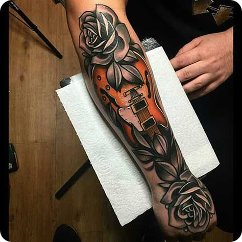 Lespaul Guitar, Tattoo Guitar, Guitar Tattoos, England Tattoo, Guitar Tattoo Design, Music Tattoo Sleeves, Mangas Tattoo, Music Notes Tattoo, L Tattoo