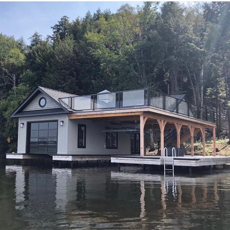 Lake Boat House Ideas, Lake House Boat Aesthetic, Boat Slip Ideas Lake Houses, Luxury Boat Dock, Lake House Hot Tub, Floating Boat House, Lake Property Ideas, Boat House Exterior, Boat House Ideas Lakes