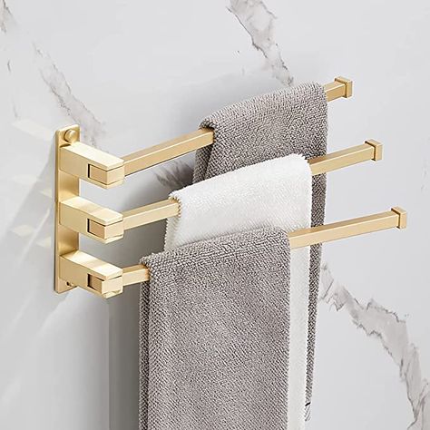 Towel Hanger Ideas Kitchen, Swivel Towel Bar, Gold Towel Rack Bathroom, In Shower Towel Rack Ideas, Bathroom Towel Drying Ideas, Where To Hang Towel Bars In Bathroom, Towel Rod Ideas Bathroom, Hanging Towels In Bathroom Display, Double Towel Bar Ideas