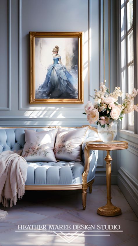 This original artwork, depicting Cinderella at the ball, transcends mere decoration, serving as a testament to the enduring magic of timeless tales. A unique addition to maximalist-inspired home decor, French country aesthetics, and vintage-inspired styles, this piece seamlessly integrates into diverse design schemes. The meticulous attention to detail and the carefully selected color palette make it a captivating focal point, elevating spaces with a touch of magic and nostalgia | Character Art Blue Aesthetic Cottagecore, Space Character Art, French Cottage Aesthetic, Pale Blue Sofa, Cinderella Room, Sitting Nook, French Inspired Home, Maximalist Home, Stylish Side Table