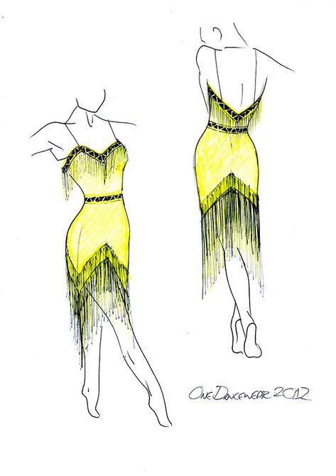 Ballroom Dress Drawing, Custom Dance Costumes Dress, Ballroom Dance Practice Dresses, Gold Latin Dance Dress, Yellow Ballroom Dance Dress, Dancesport Costume, Dancer Drawing, Ballroom Dancing Dresses Latin, Dancesport Dresses